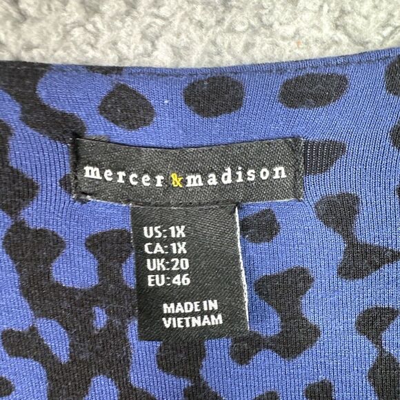 Mercer & Madison 1X Blue Black Abstract Animal Print Faux Wrap Midi Dress - Picture 6 of 12